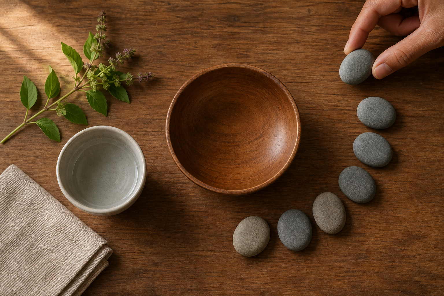 A hand moves one of seven river stones arranged beside a wooden bowl and a cup of water.