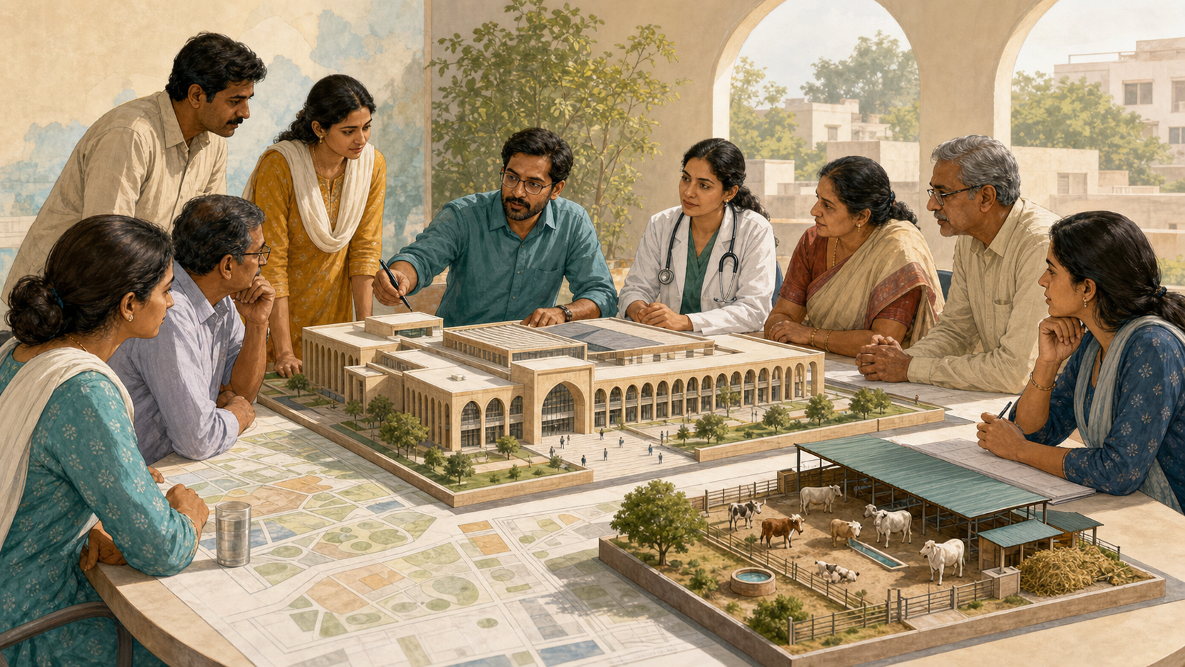 Residents and specialists examine models of a public complex and a cattle shelter during a civic planning discussion.