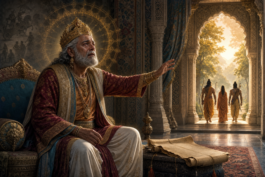 King Dasharatha grieves as Rama, Sita, and Lakshmana depart Ayodhya palace.
