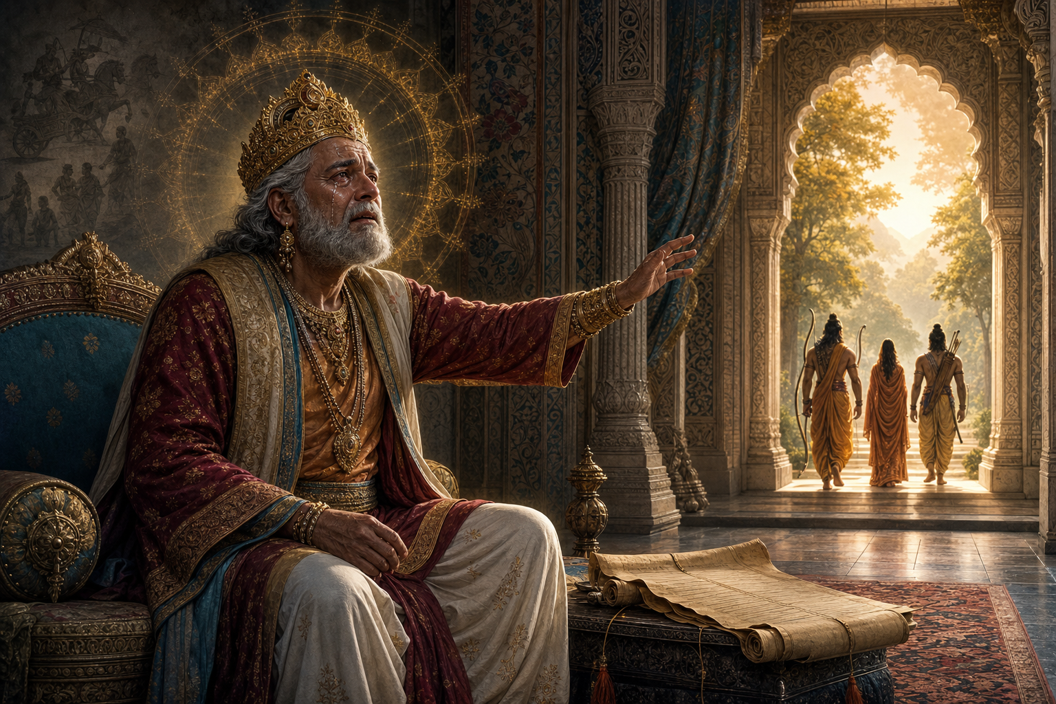 King Dasharatha grieves as Rama, Sita, and Lakshmana depart Ayodhya palace.