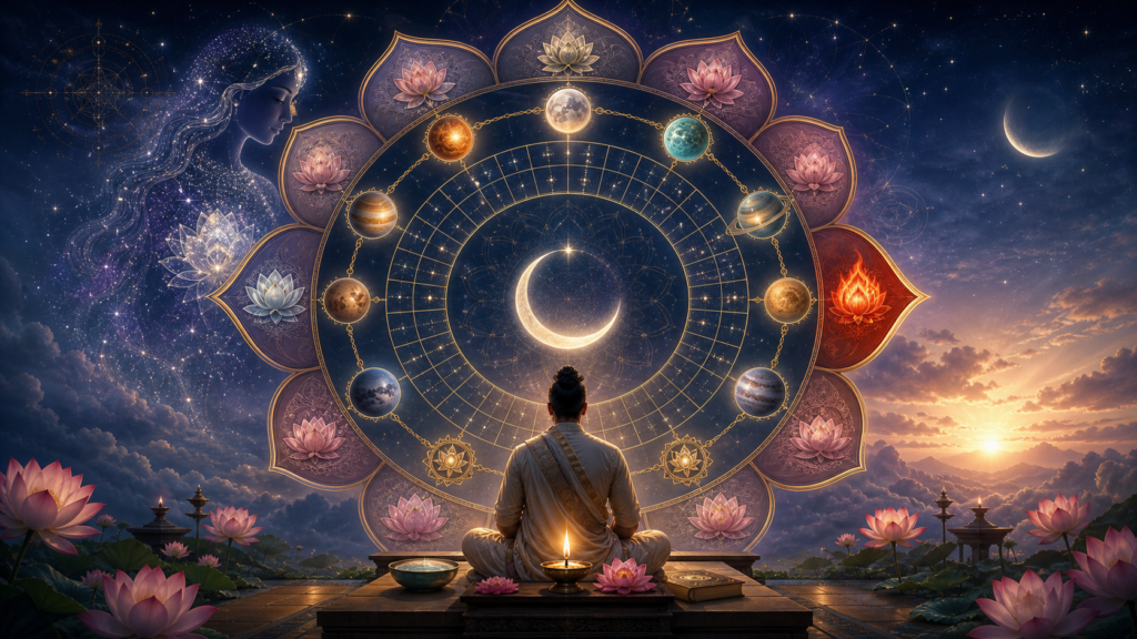 Meditating practitioner before a lotus-framed celestial mandala with a crescent moon, nine planetary orbs and a starlit feminine figure.