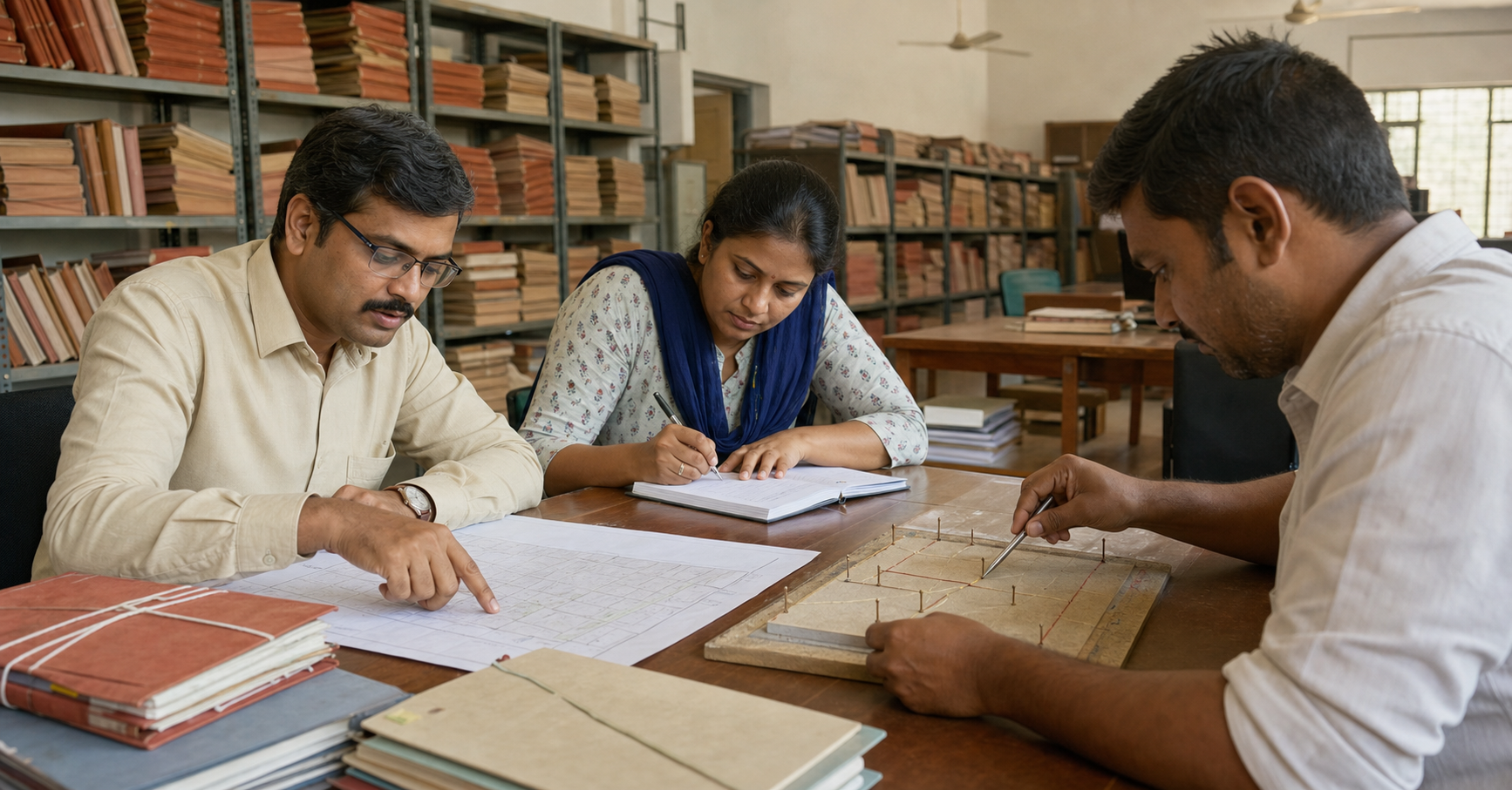 A legal researcher, property officer and surveyor examine public property records and a site model in an office.