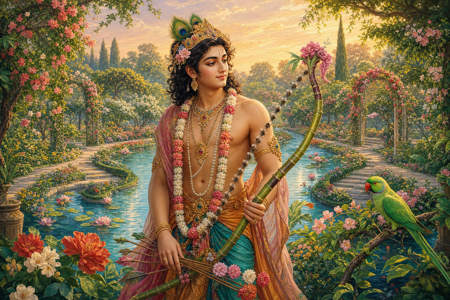 Kamadeva stands in a spring garden holding a lowered sugarcane bow and flower-tipped arrows, with bees and a green parrot nearby.