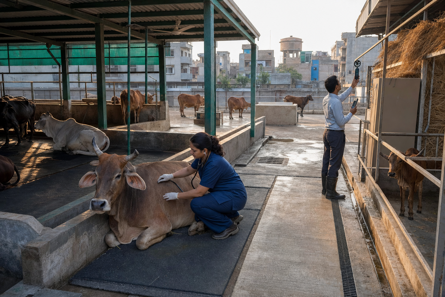 A veterinarian and shelter engineer inspect cattle, water troughs, shaded pens and drainage at an urban facility.