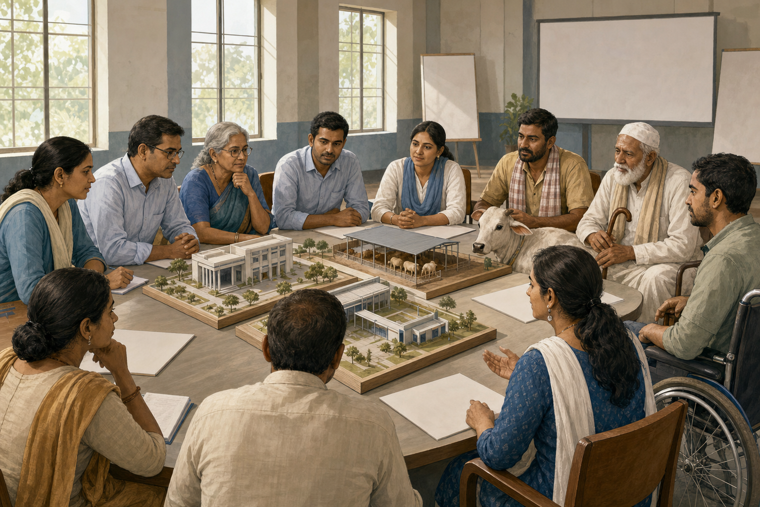 Residents and municipal professionals compare models of several possible public services in a community meeting.