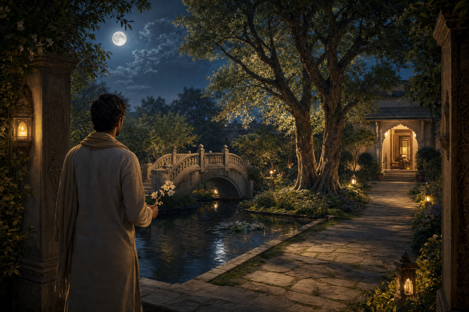 A person holding a flowering branch considers four paths marked by a bridge, paired trees, a reflecting pool, and a distant home.