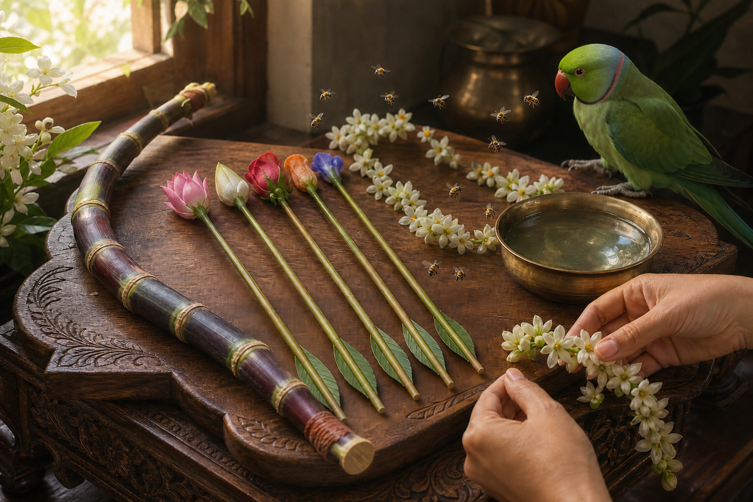 Hands tend flowers beside a sugarcane bow, five flower-tipped arrows, hovering bees, a green parrot, and a bowl of water.