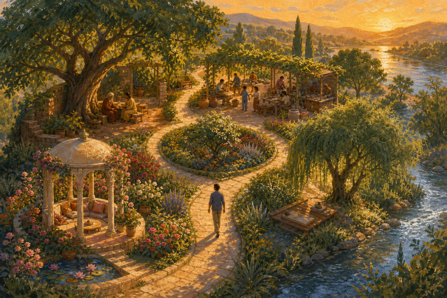 A person follows a garden path connecting spaces for care, shared work, affection, and riverside contemplation.
