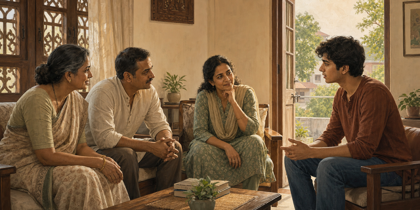 A young adult speaks with three supportive family members in a warmly lit Maharashtra home.