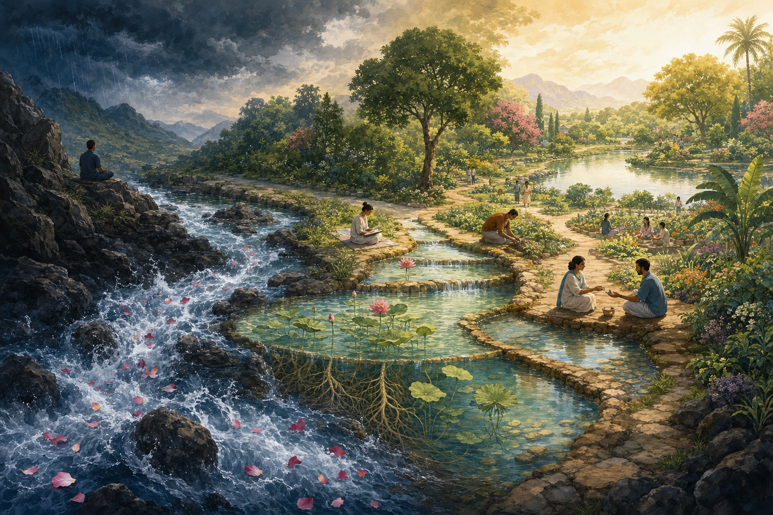 A turbulent petal-filled stream becomes clear as it passes people meditating, studying, serving, and meeting respectfully beside a garden.