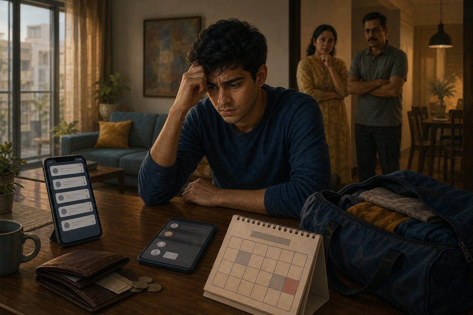 A young adult reviews a phone, calendar, wallet, keys, and documents while layered background scenes suggest a recurring pattern of surveillance, isolation, and reconciliation.