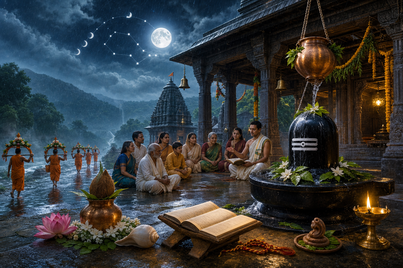 Shravan Maas rituals at a rain-soaked Shiva temple, with lingam abhishek, a family listening to sacred katha, and Kanwar pilgrims nearby.