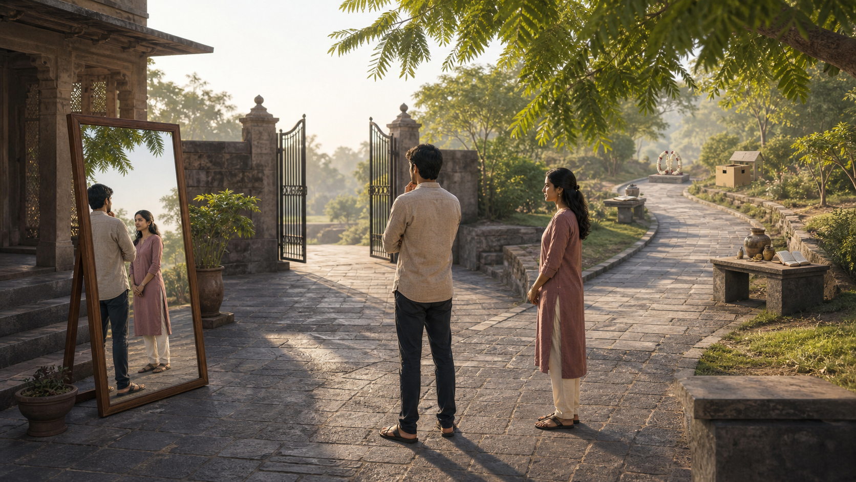A young Indian adult pauses in a courtyard beside a clear mirror, an open gate, and a long path with resting places, visually representing truth, freedom, and an unhurried pace.