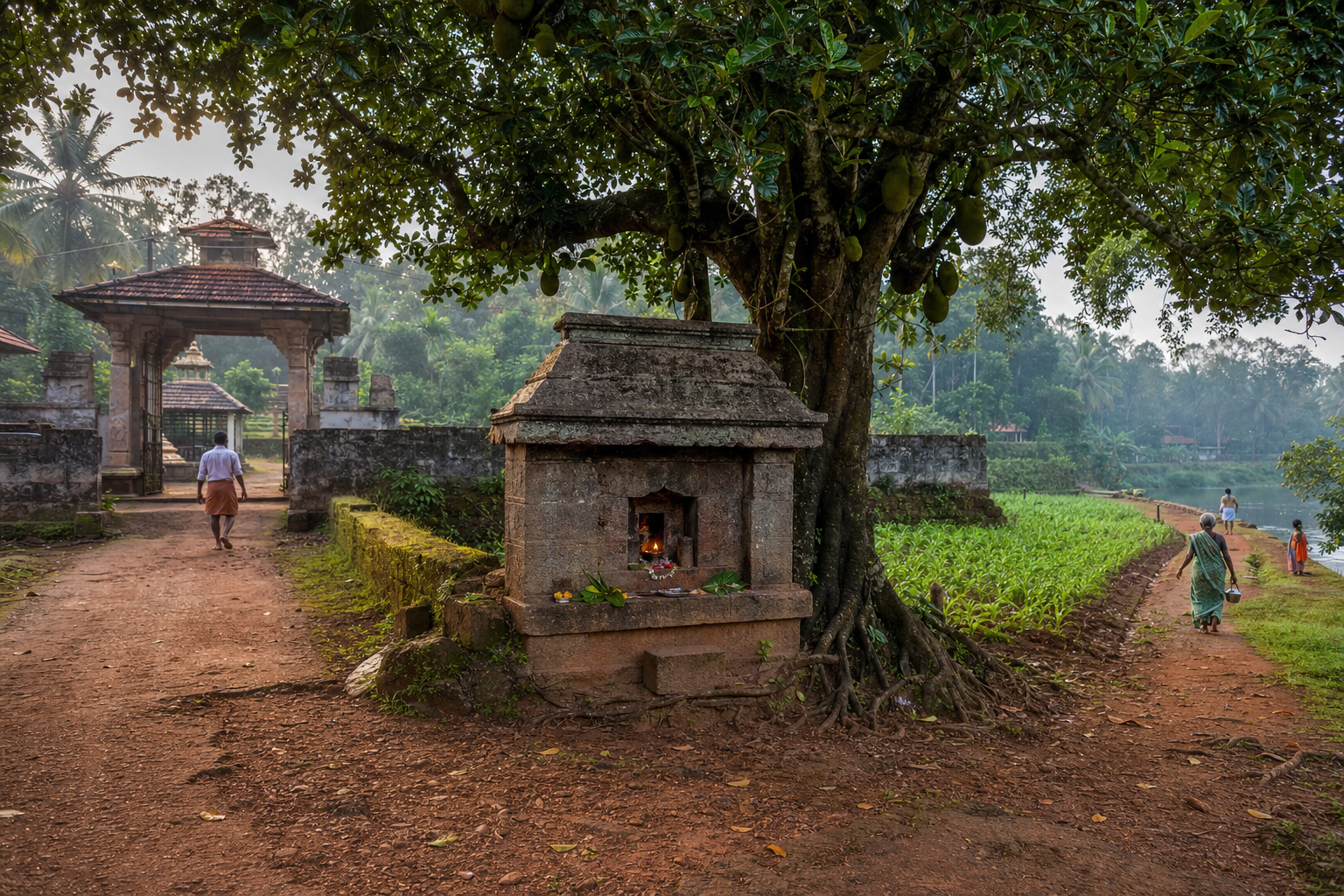 A small stone guardian shrine beneath a jackfruit tree beside a temple gate, footpath, field, and water approach in rural Karnataka.
