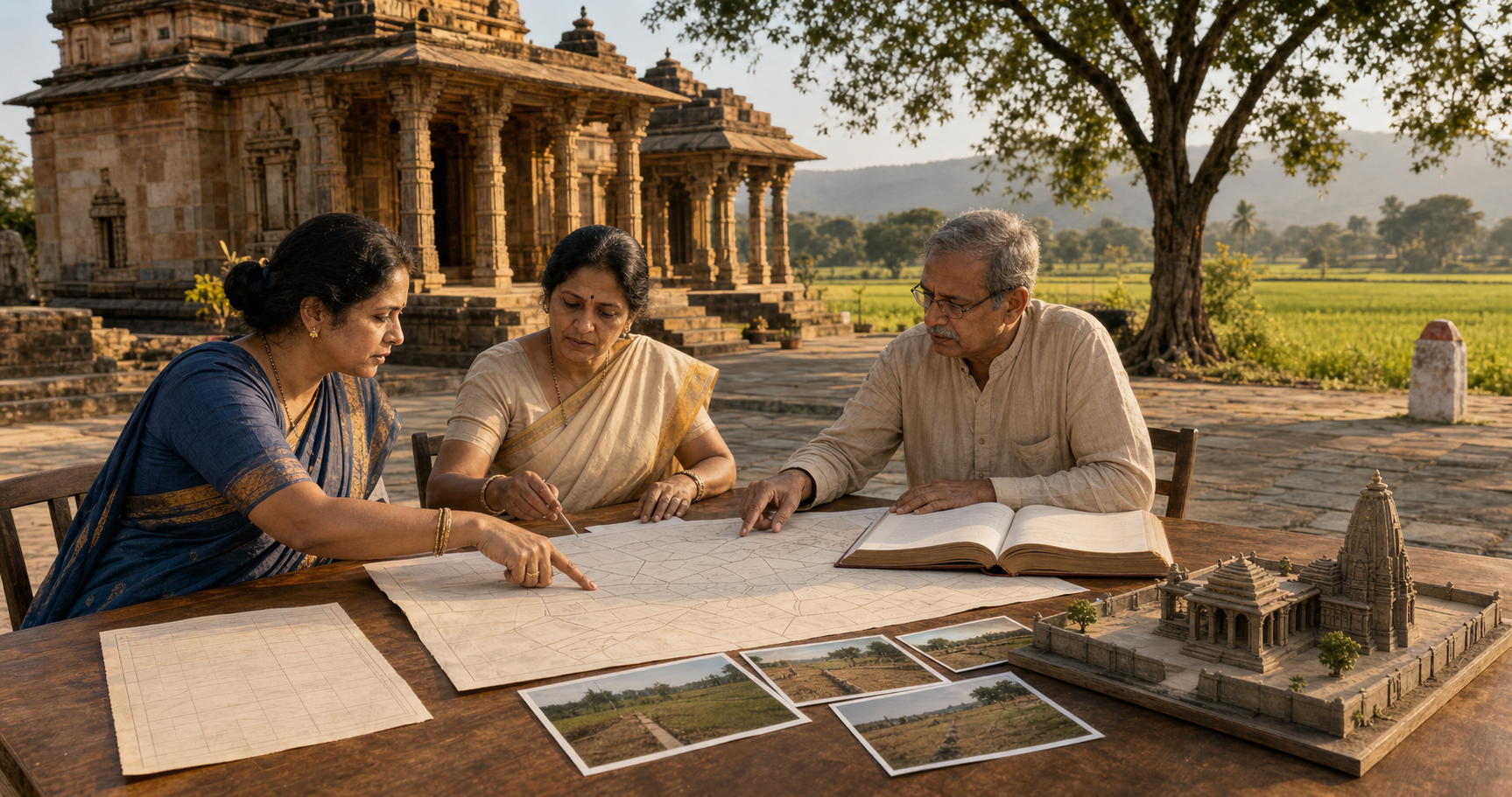 Temple trustees review maps, records, and boundary photographs at a table in a Maharashtra temple courtyard, with farmland and the temple visible behind them.