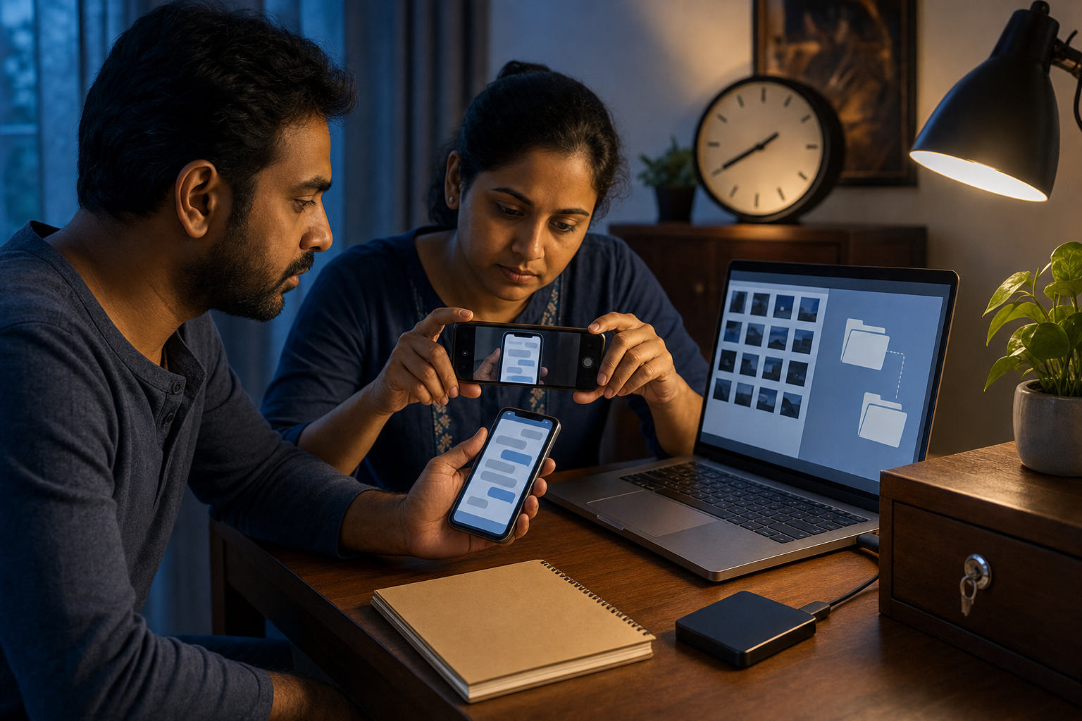 Two adults preserve digital evidence at a desk by photographing a phone screen and backing up abstract message and image files on a laptop and storage device.