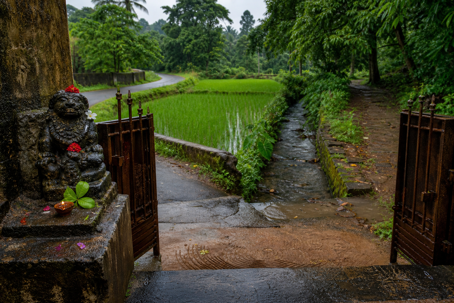 A tended stone shrine at a temple threshold where a road, field boundary, footpath, and irrigation channel converge.