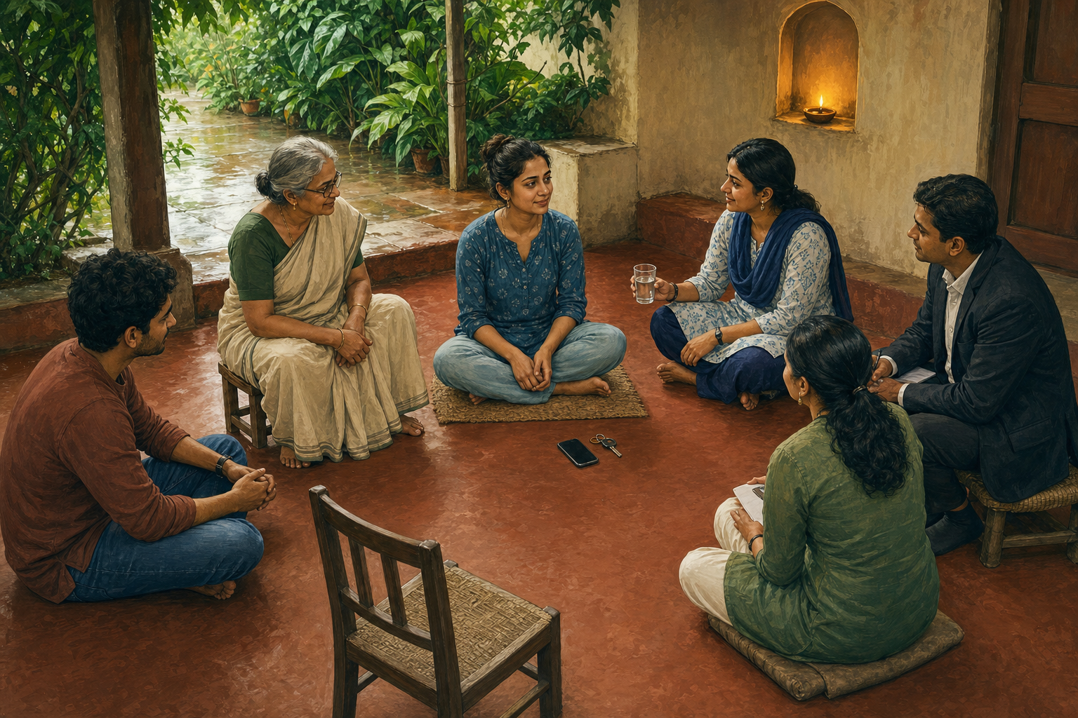 A young adult sits in an open circle with relatives, a friend, a support worker, a lawyer, and a counselor in a Maharashtrian courtyard illuminated by a small oil lamp.