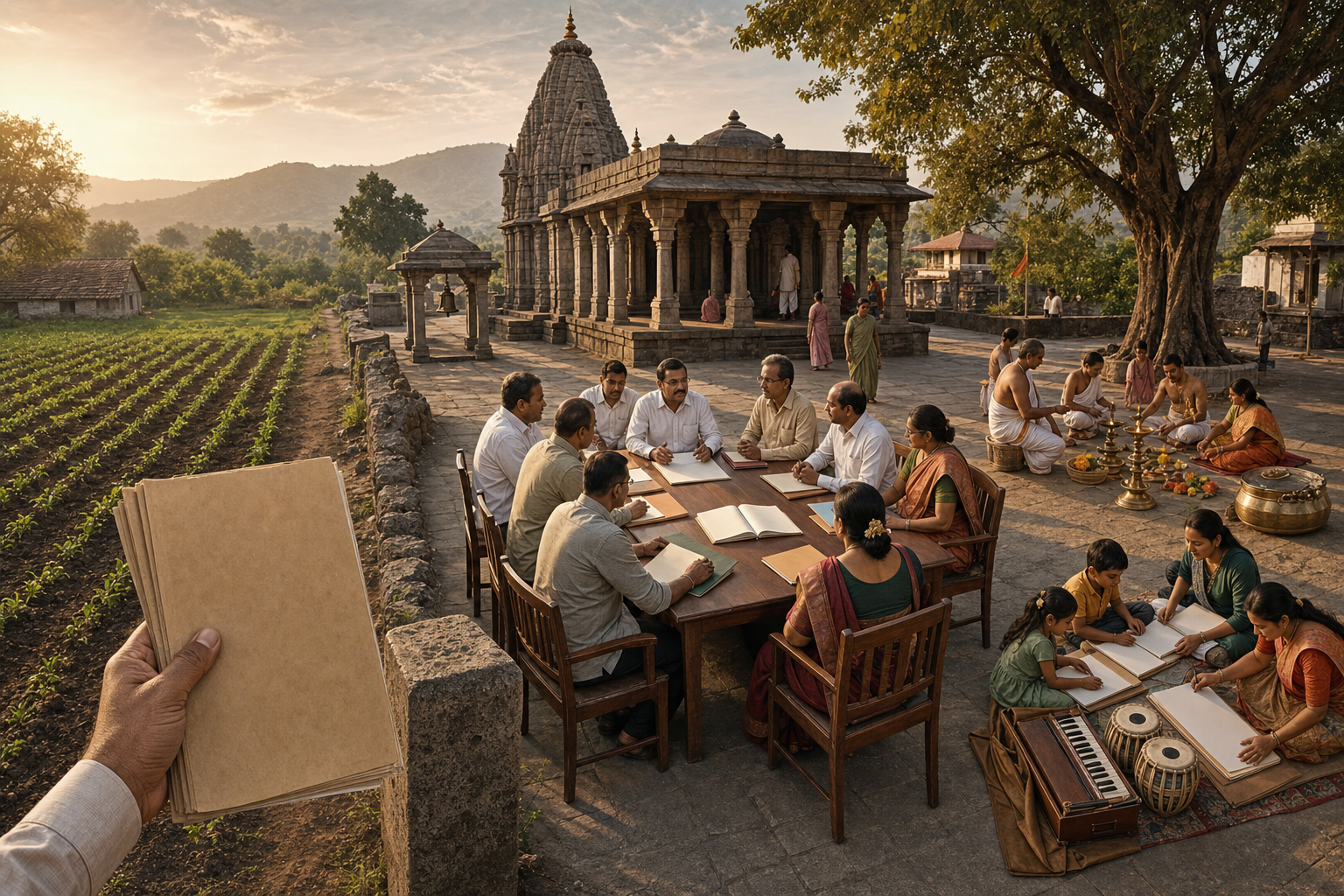 A continuous temple scene separates land records and a boundary marker, a trustee committee meeting, and religious and charitable activities into three visual areas.