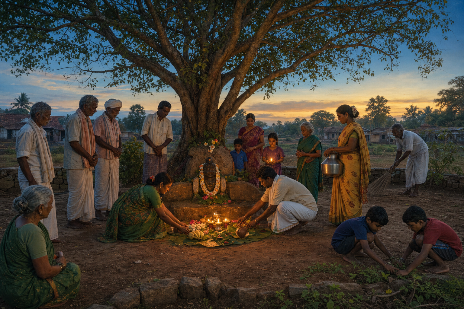 Villagers of several generations tend a tree-shaded stone shrine with flowers, fruit, water, sweeping, and an oil lamp at dusk.