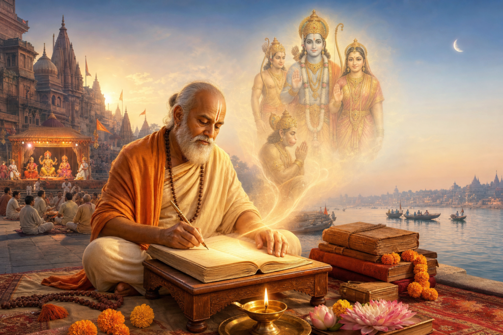 Goswami Tulsidas writing the Ramcharitmanas beside the Varanasi ghats, with a vision of Rama, Sita, Lakshmana and Hanuman.