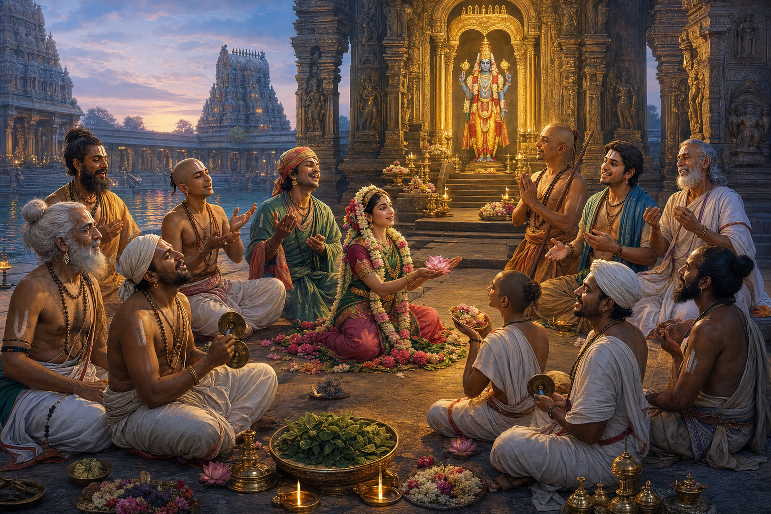 Twelve Tamil saint-poets gather with flowers, lamps, and musical cymbals in a Vaishnava temple courtyard facing an illuminated sanctuary at dawn.
