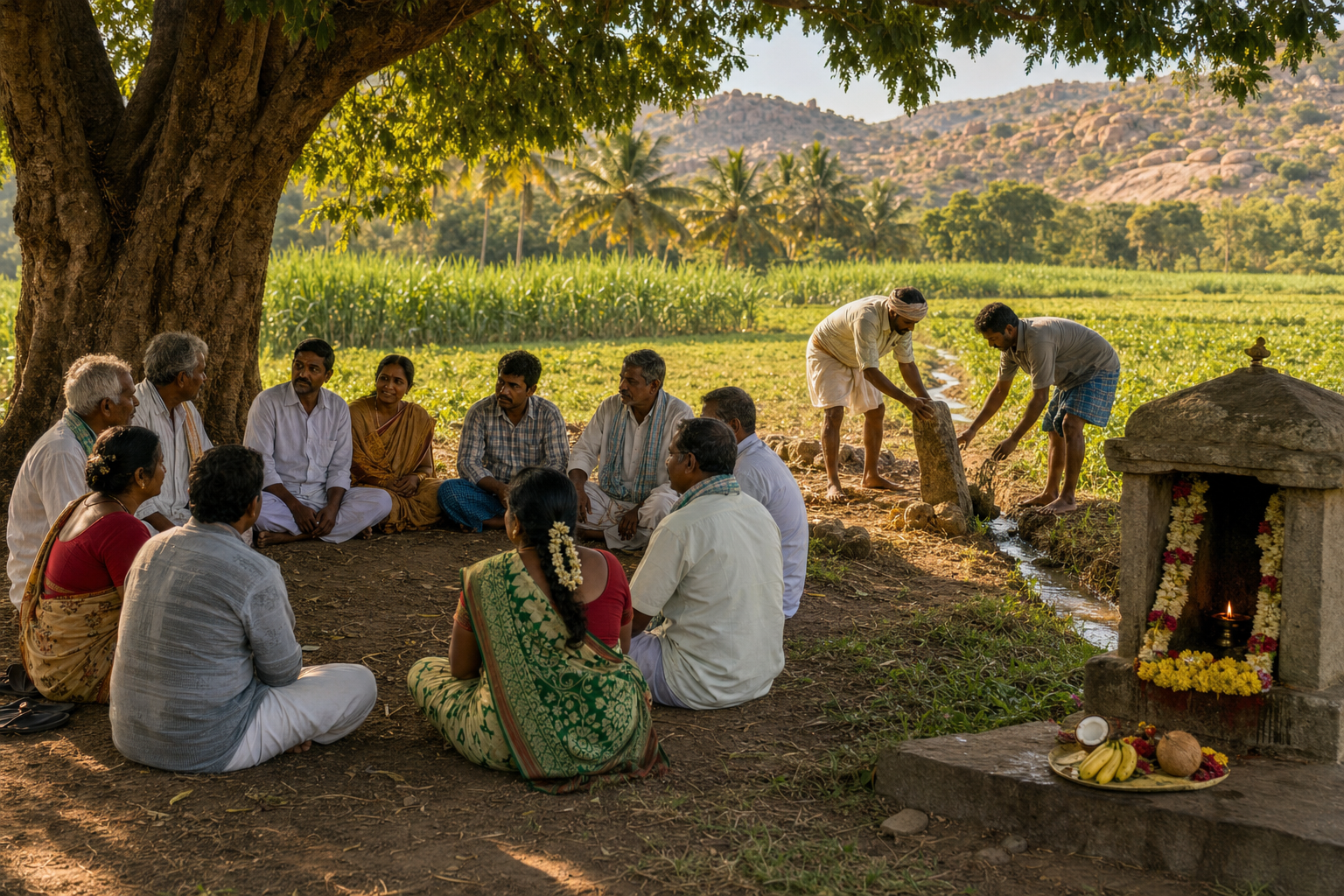 Community members meet beside a small shrine while two participants restore a field boundary and clear an irrigation channel.