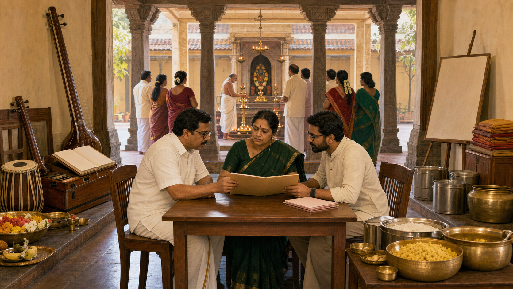 Temple trustees and a legal adviser review an unmarked file while worship and community religious activities continue in the adjoining temple space.