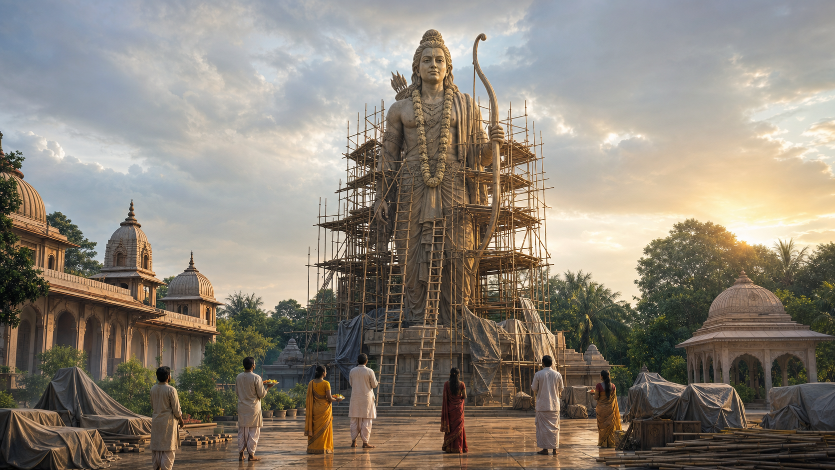An unfinished monumental statue of Lord Rama stands within scaffolding in a Bangladeshi temple courtyard at dawn while several worshippers gather below.