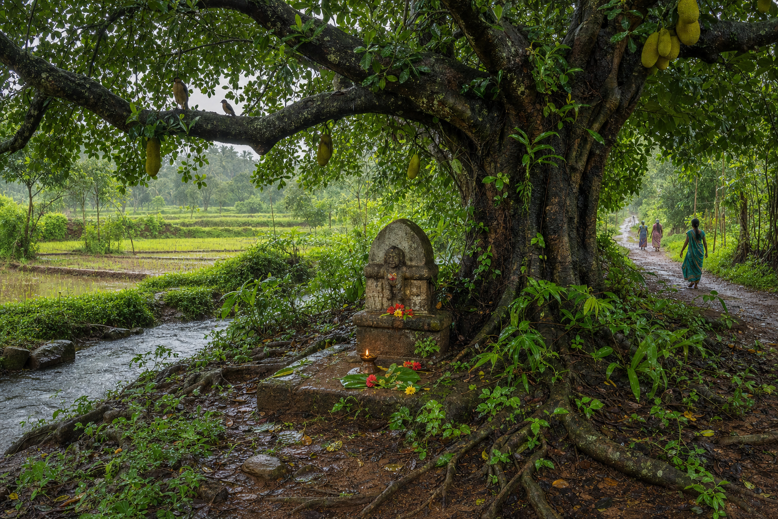 A stone shrine rests beneath a mature jackfruit tree whose roots, canopy, watercourse, wildlife, and nearby fields form a connected living space.