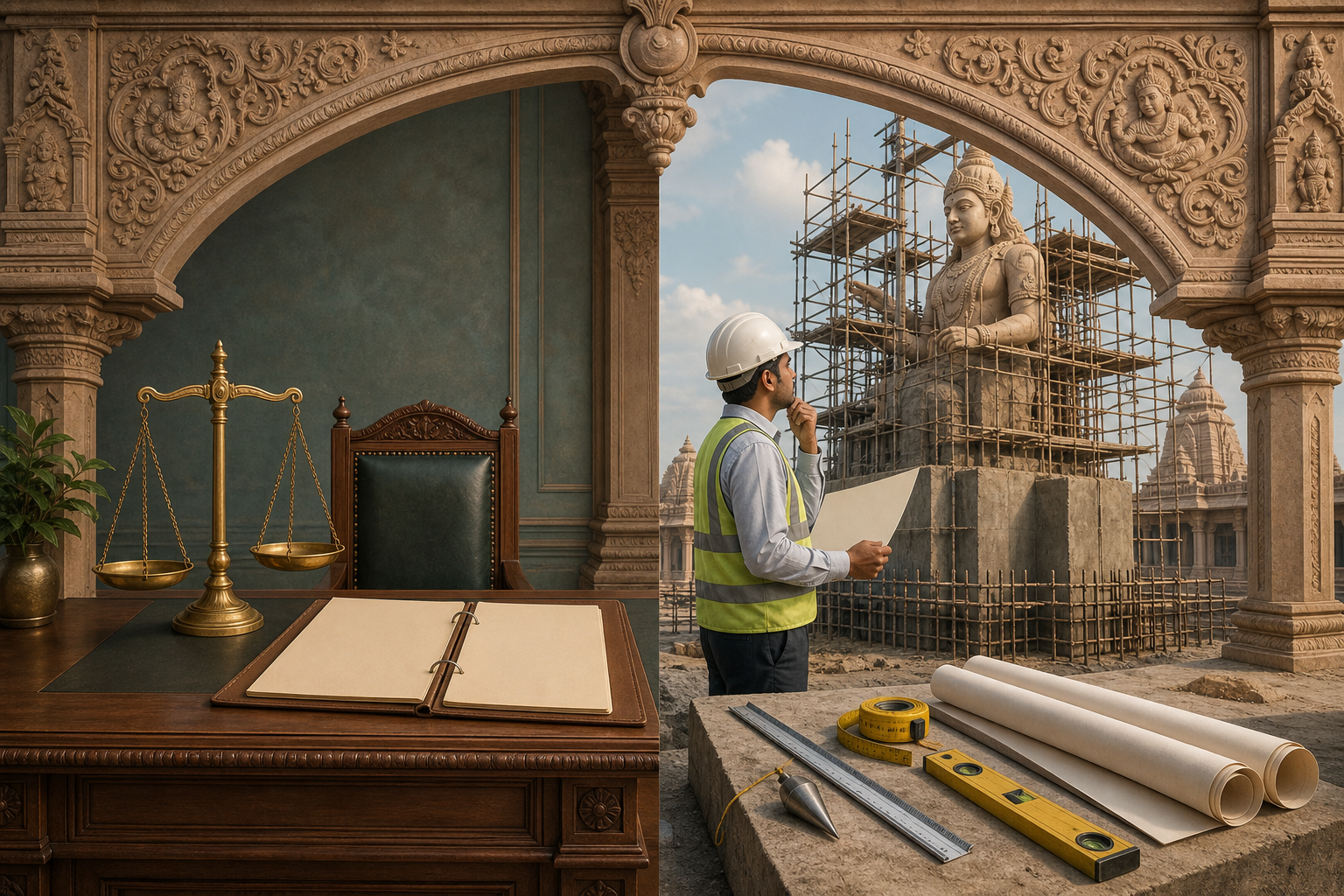 A legal scale and blank official documents appear beside an engineer inspecting the foundation and scaffolding of an unfinished temple statue.