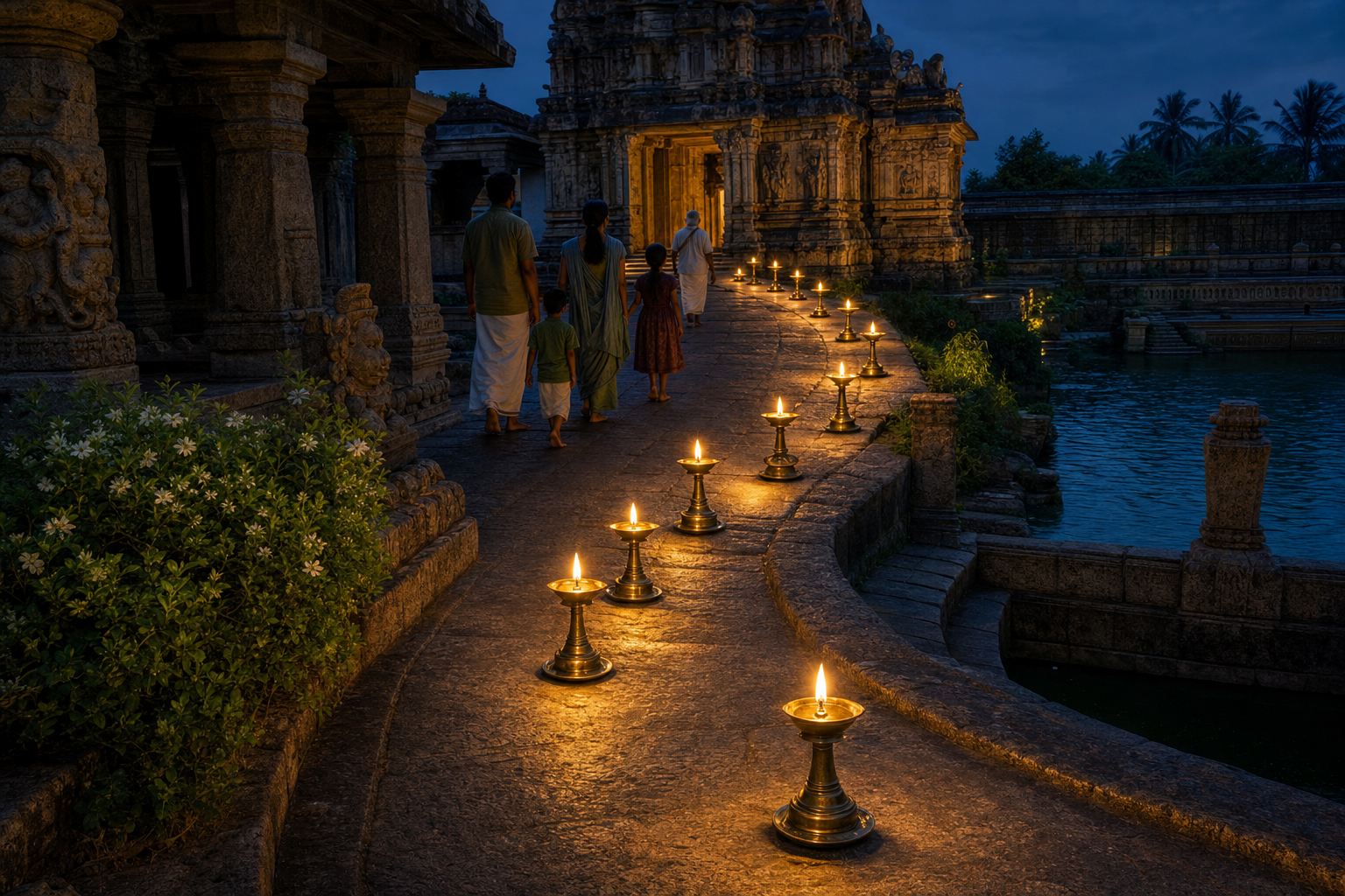 Twelve brass oil lamps mark a curving stone path through a Tamil Vishnu temple complex toward a glowing sanctuary.