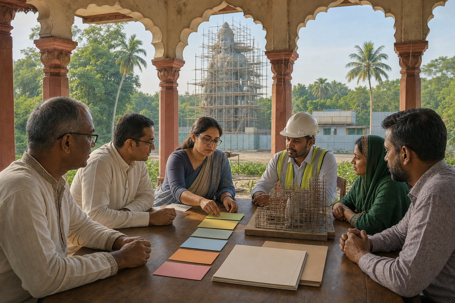 Temple representatives, a civil administrator, an engineer, and community members discuss blank milestone cards while the paused statue site is visible behind them.