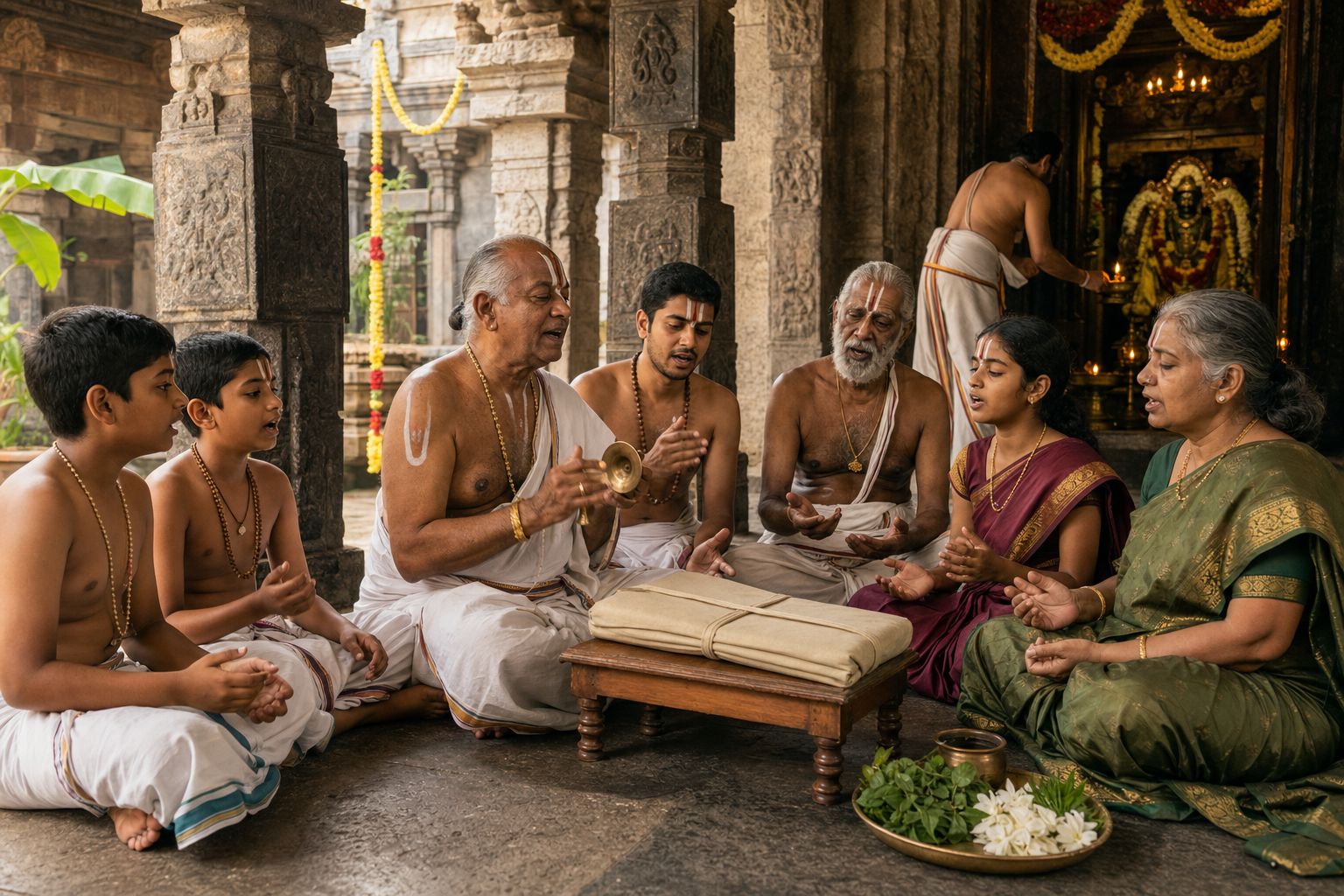 A temple hymn teacher leads devotees of several generations in sung recitation with hand cymbals inside a stone mandapa.