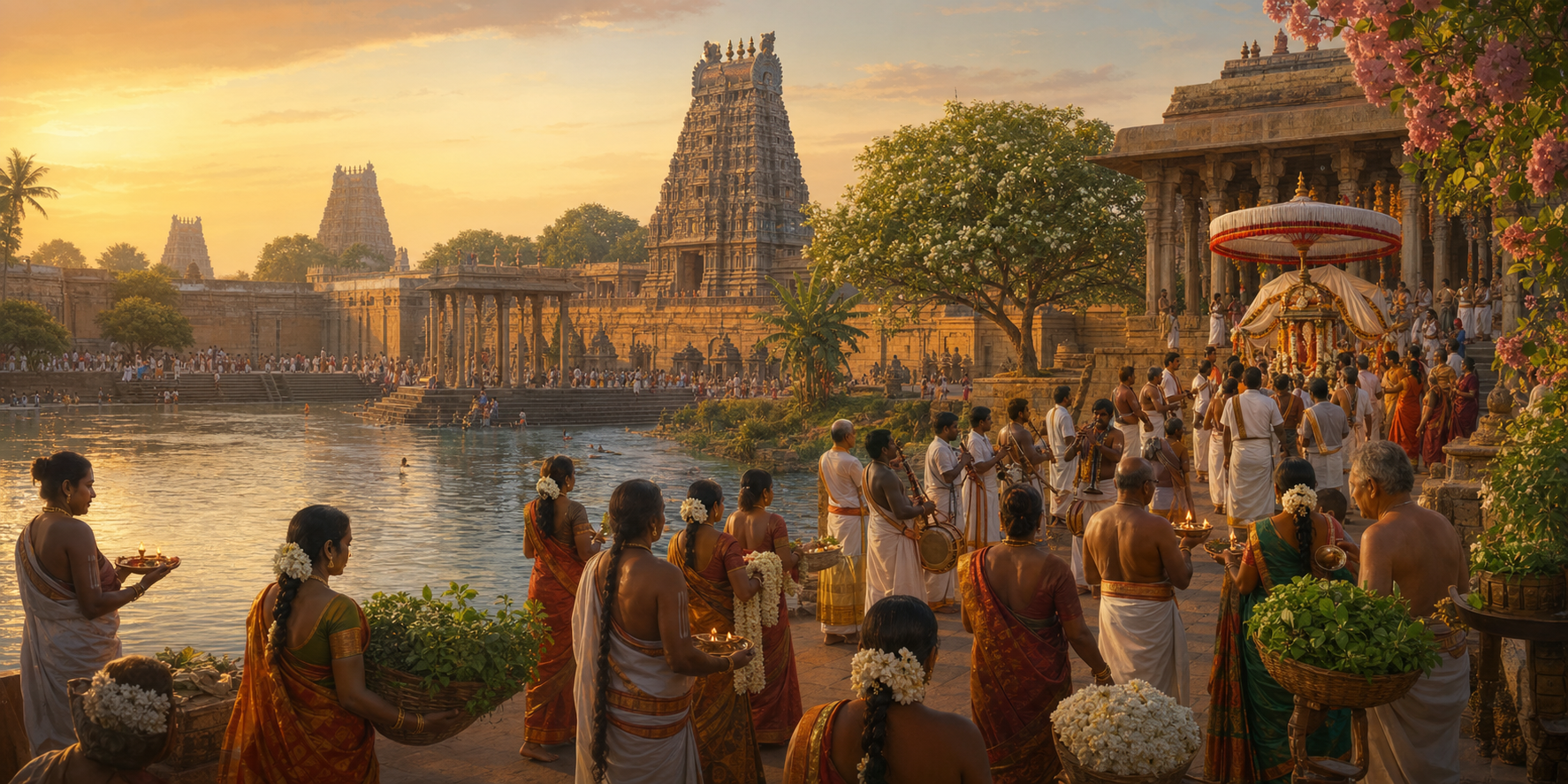 Devotees carrying lamps, garlands, and offerings join a procession through a large Tamil Vaishnava temple complex beside a river.