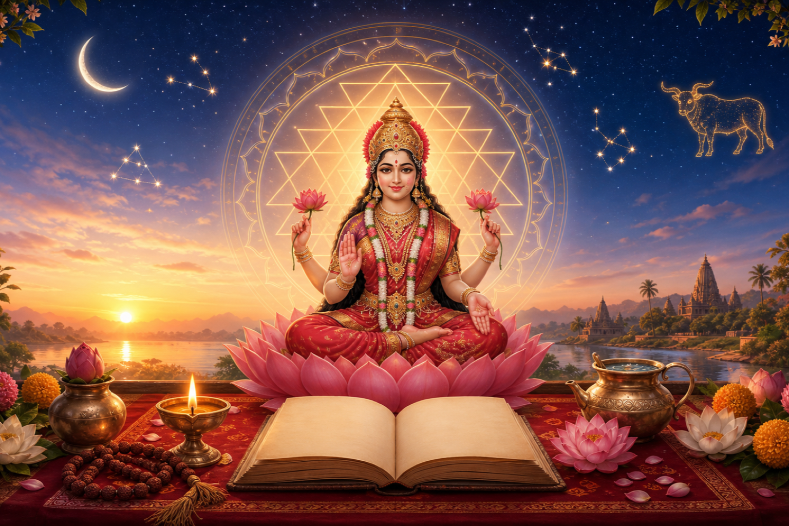 Hindu Divine Mother seated on a pink lotus before a glowing Sri Chakra, with an open prayer book and diya under a crescent moon at dawn.