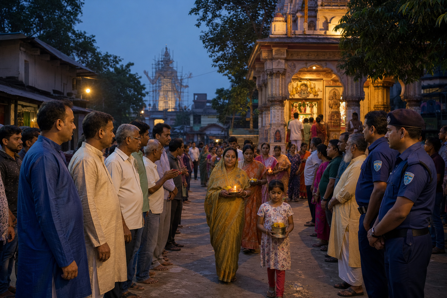 Local residents and community stewards maintain a calm passage for worshippers outside a temple, with the scaffolded unfinished statue in the background.