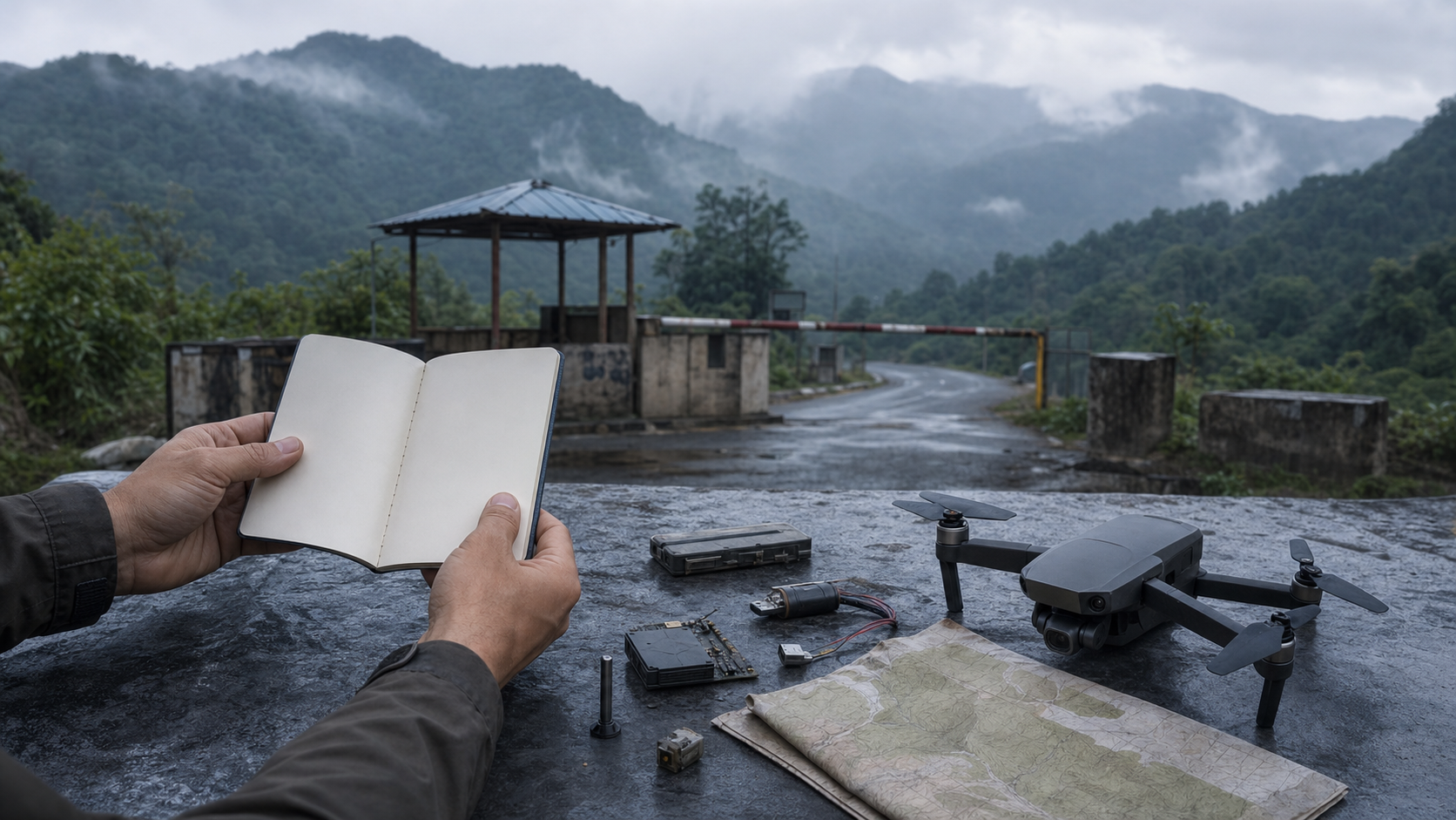 An investigator examines blank travel documents, a small drone and electronic components with a misty mountain checkpoint in the background.