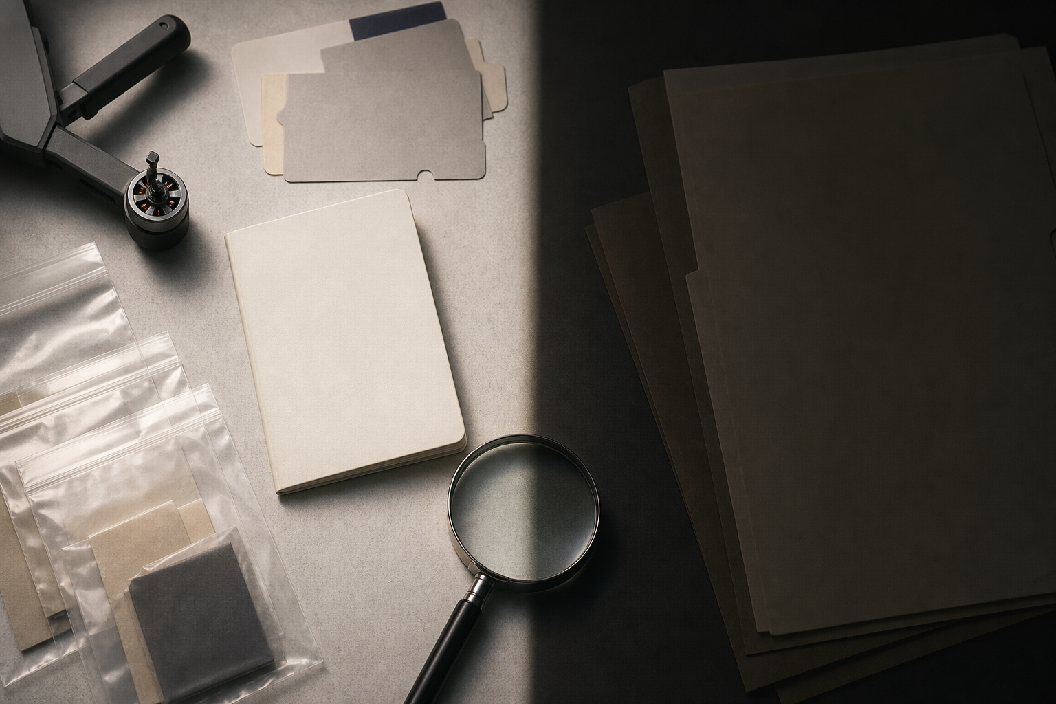 A magnifying lens separates documented travel and drone-related objects from empty folders and unresolved shadows on an investigation desk.