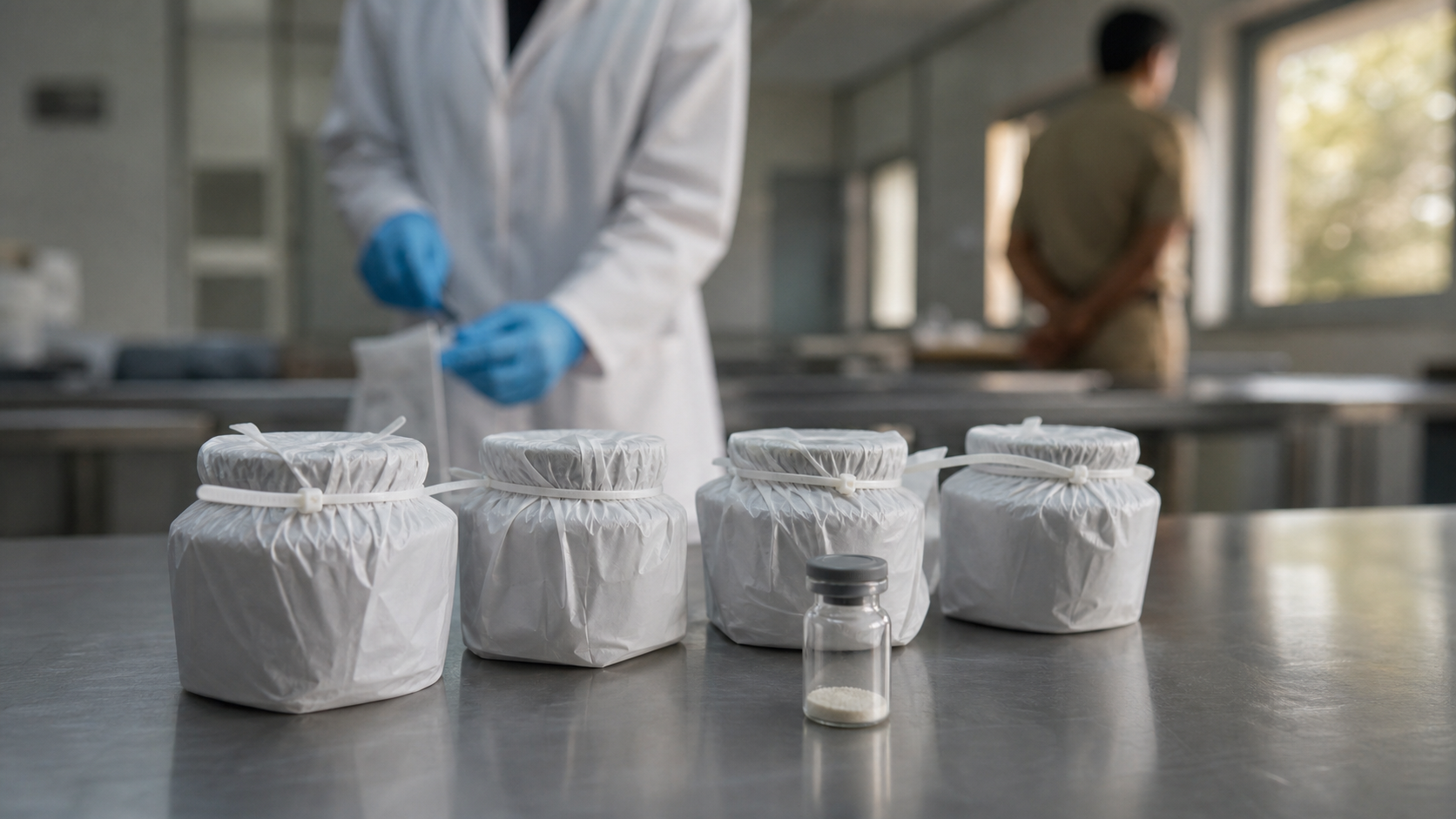 Sealed evidence containers and a laboratory sample vial on an examination table, with a technician and police officer blurred in the background.