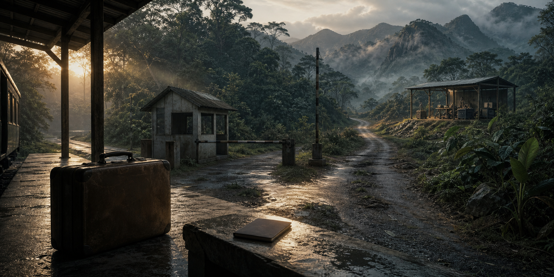 An unmarked suitcase, blank travel document, forest border route and distant drone equipment form a visual sequence through a mountainous landscape.