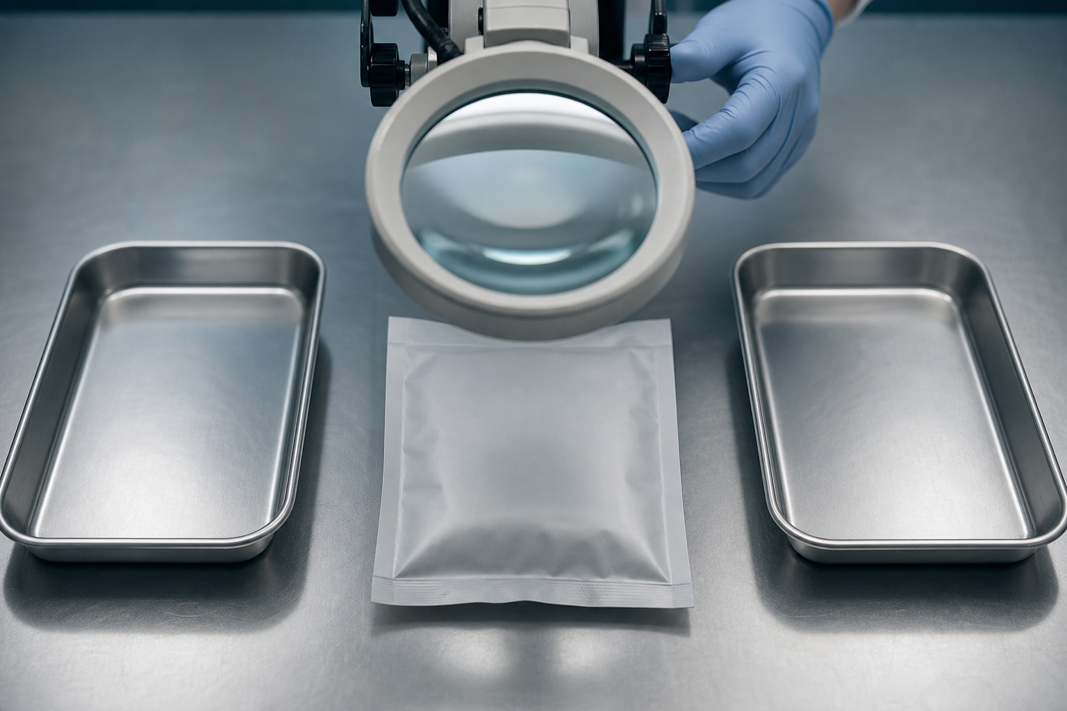 A sealed evidence bag beneath a magnifying lens as a gloved hand prepares to examine it in a laboratory.