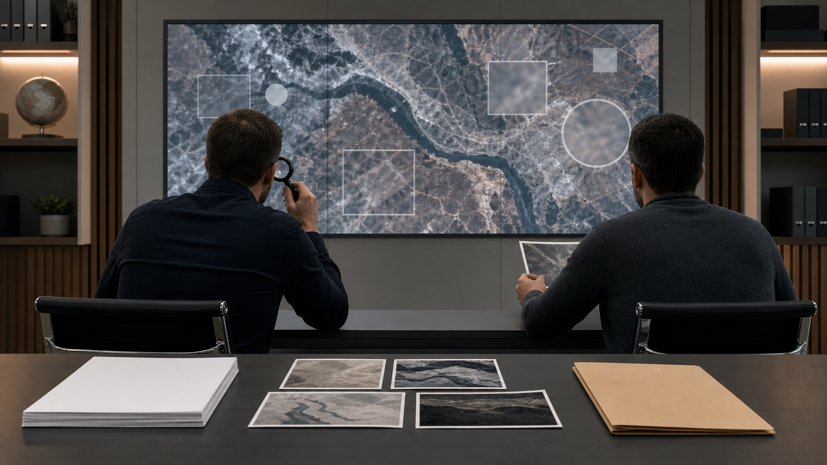 Two analysts compare blank source documents and abstract terrain imagery in a softly lit security analysis room.