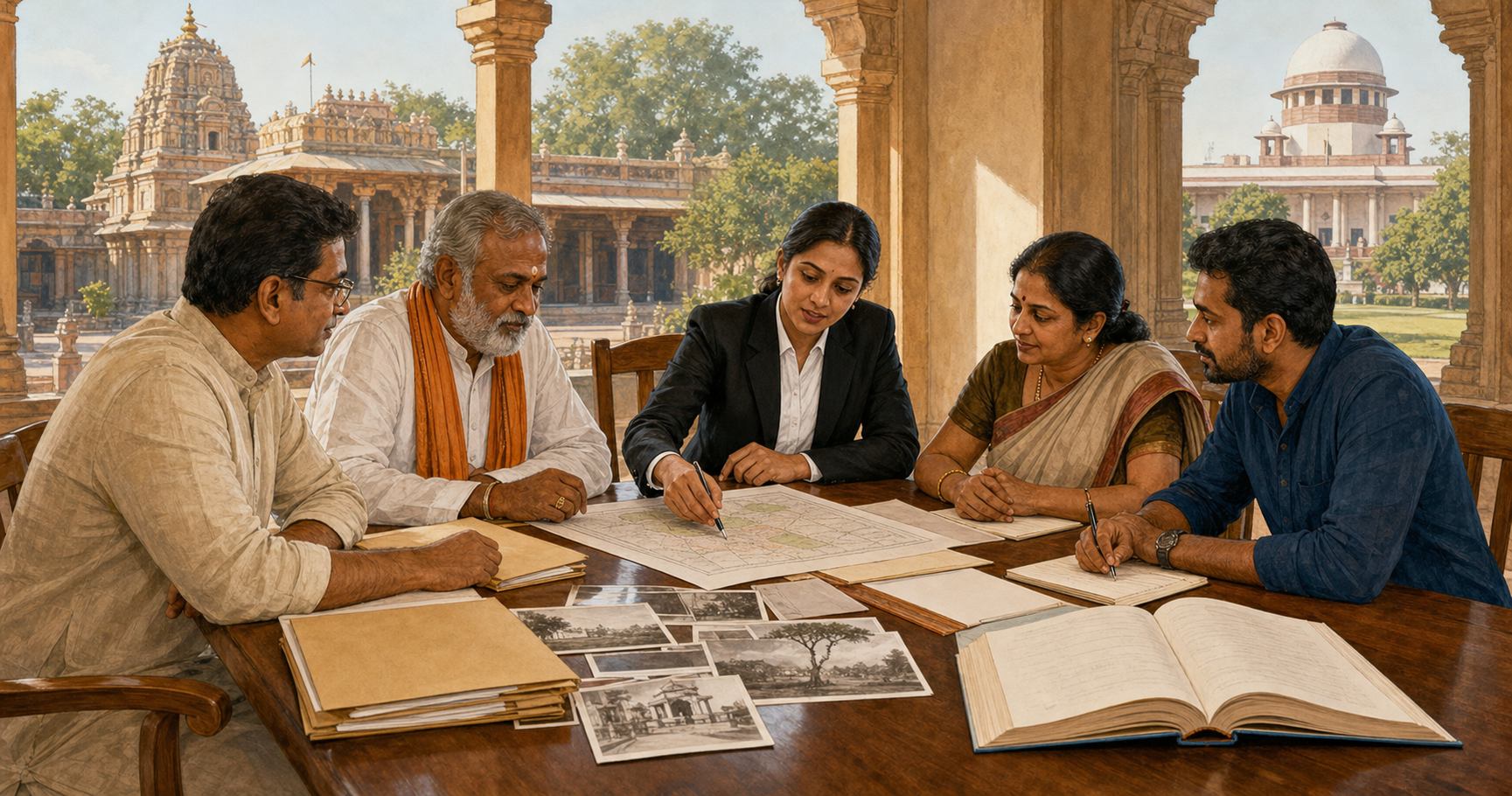 Hindu community members, a temple trustee, and a lawyer review maps, photographs, and legal documents at a table beside a temple courtyard.
