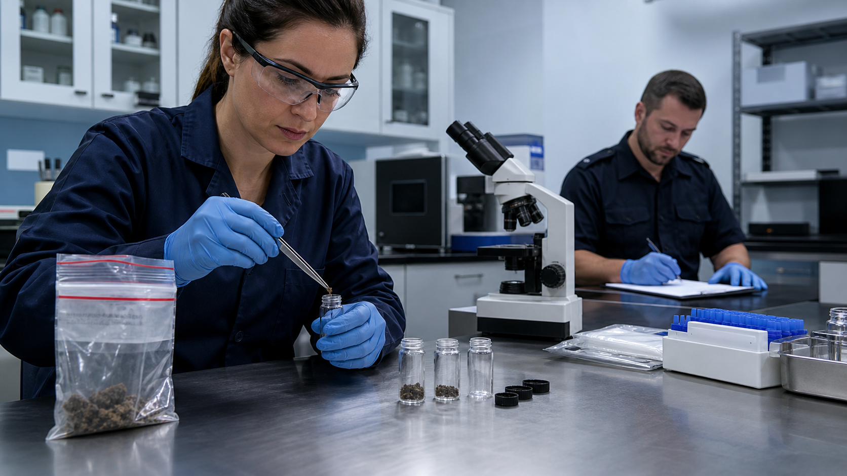 A laboratory technician transfers a sealed sample into sterile vials while an officer records the evidence-handling process in the background.