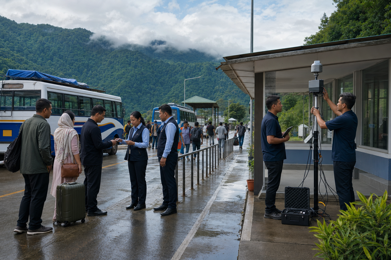 Officers perform routine document checks while technicians calibrate a drone-detection sensor at a peaceful mountain border facility.