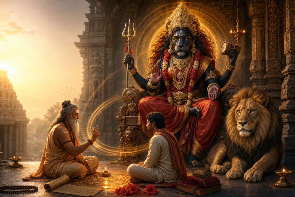 Pratyangira Devi seated with a lion as a guru guides a disciple in a lamp-lit South Indian temple.