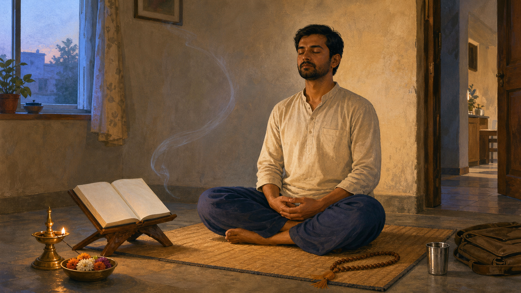 A householder meditates at dawn beside a blank open scripture, an oil lamp, flowers, and wooden prayer beads in a modest home.