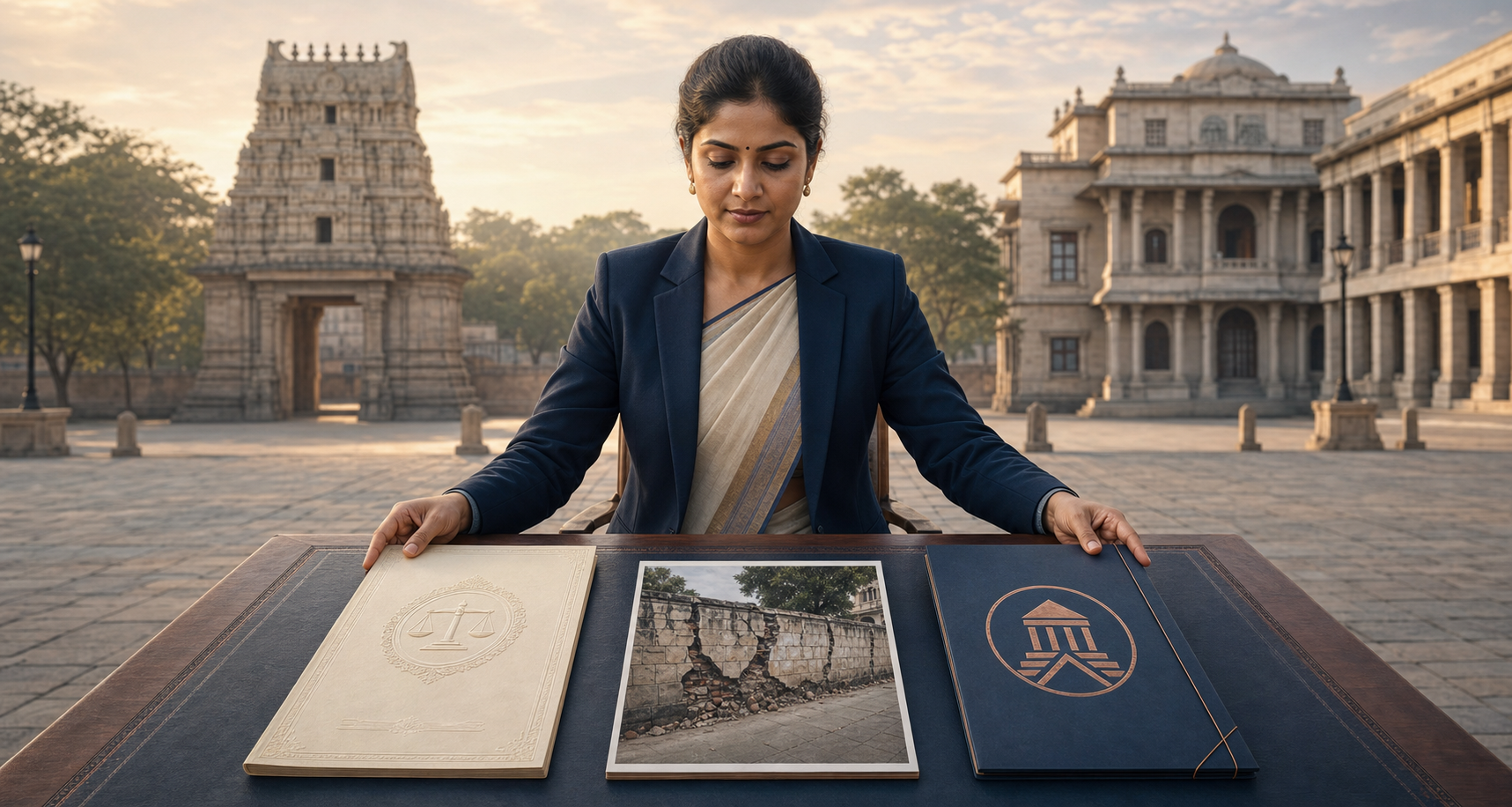 An Indian advocate arranges a legal document, a photograph of property damage, and a petition folder on a desk between a temple and a civic office.