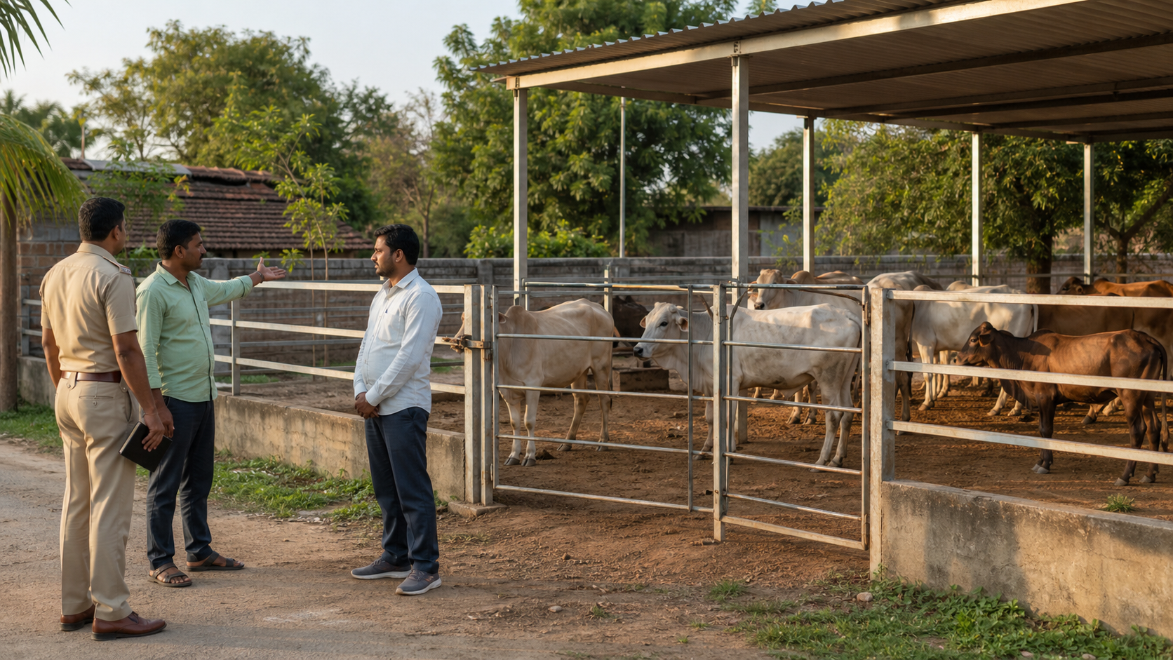 Two community volunteers speak calmly with a police officer outside a fenced shelter where several cattle stand safely.